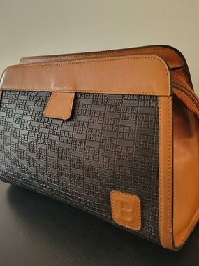 Bally Brown Embossed Logo Clutch with Tan Leather Trim